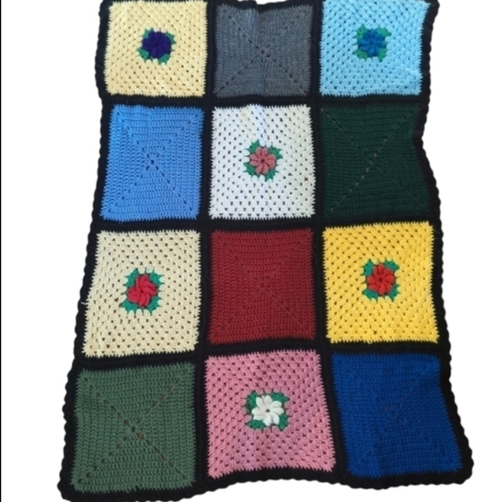 Hand Made Artisan crochet Throw granny square multicolor brights with 3D flowers
